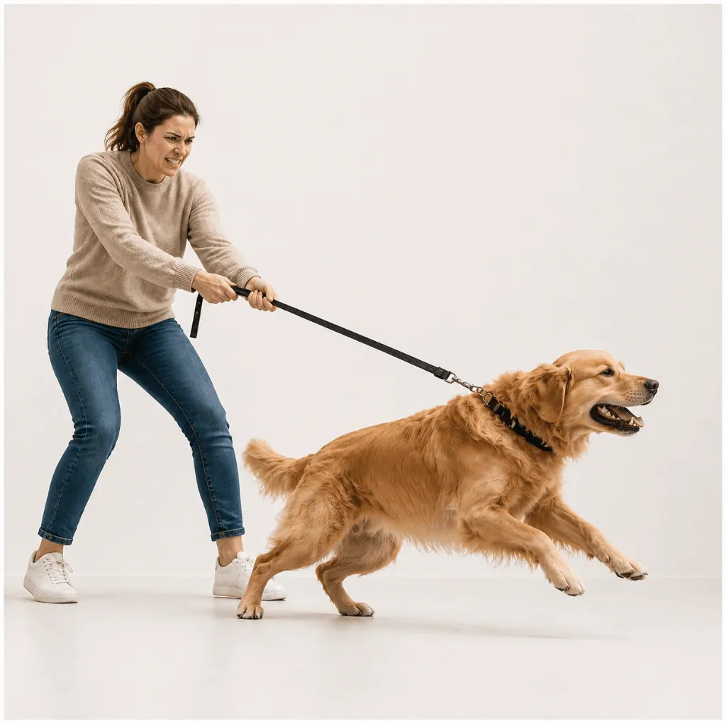 Chien qui tire en laisse pendant la balade