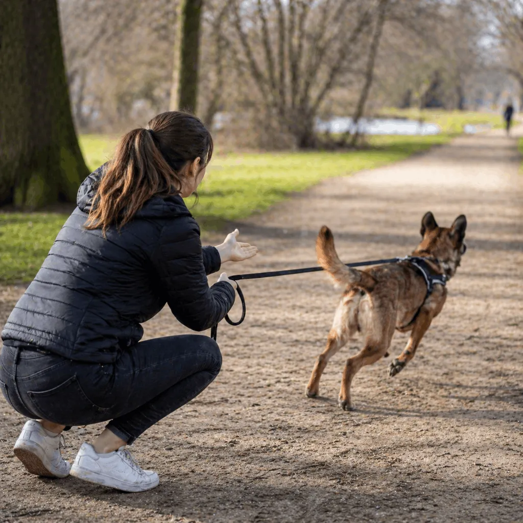 Chien qui n'écoute pas son maître en extérieur